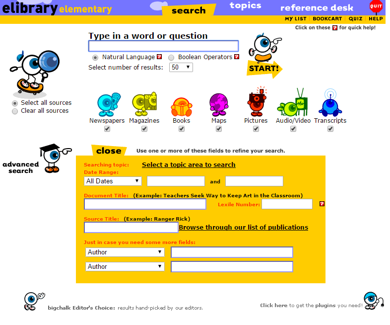 eLibrary Elementary search homepage screenshot